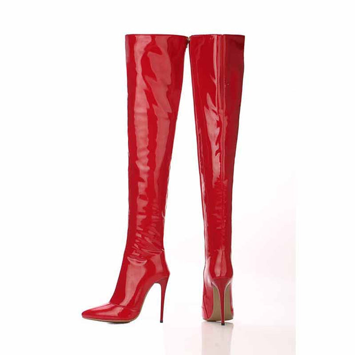 Stylish women's patent leather thigh high boots in red with a sleek pointed toe and high stiletto heel