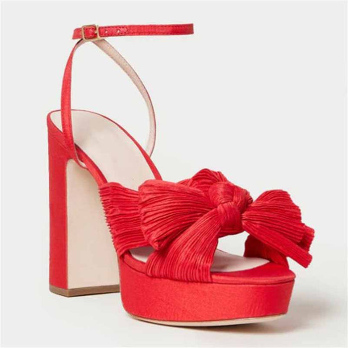 Sd-hk women's platform bow sandals in red with a stylish knot design and ankle strap