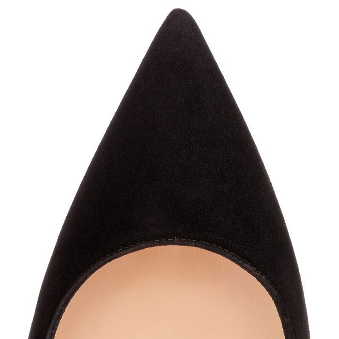 Close-up of black women's suede stiletto pumps with a pointed toe design