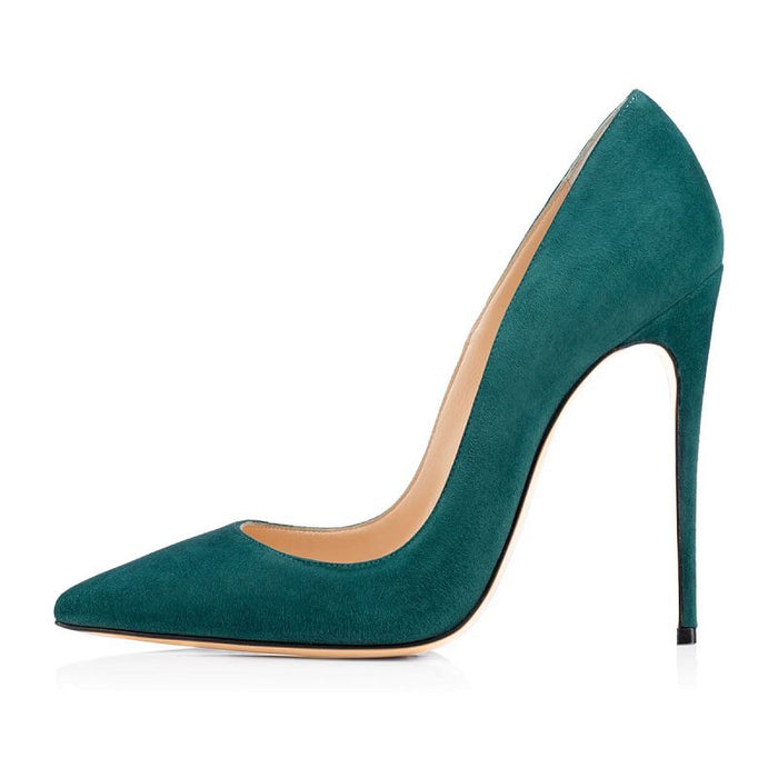 Women's suede stiletto pumps in teal with a sleek pointed toe design for elegant evening wear