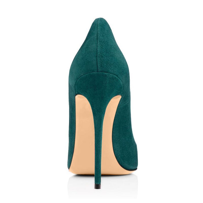 Back view of women's suede stiletto pumps in teal with a sleek pointed toe and high heel