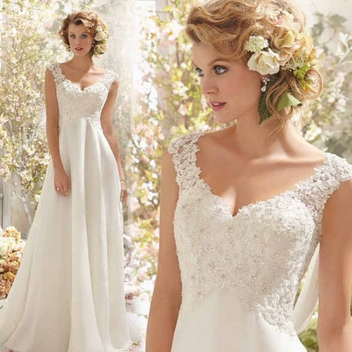 sd-hk Women's Wedding Dress Lace Double V-Neck Sleeveless Evening Dress