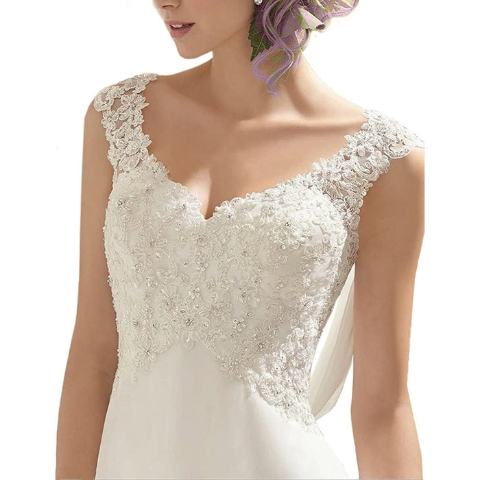 sd-hk Women's Wedding Dress Lace Double V-Neck Sleeveless Evening Dress