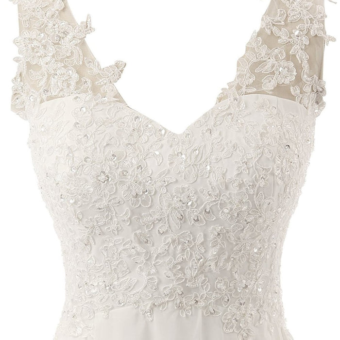 sd-hk Women's Wedding Dress Lace Double V-Neck Sleeveless Evening Dress
