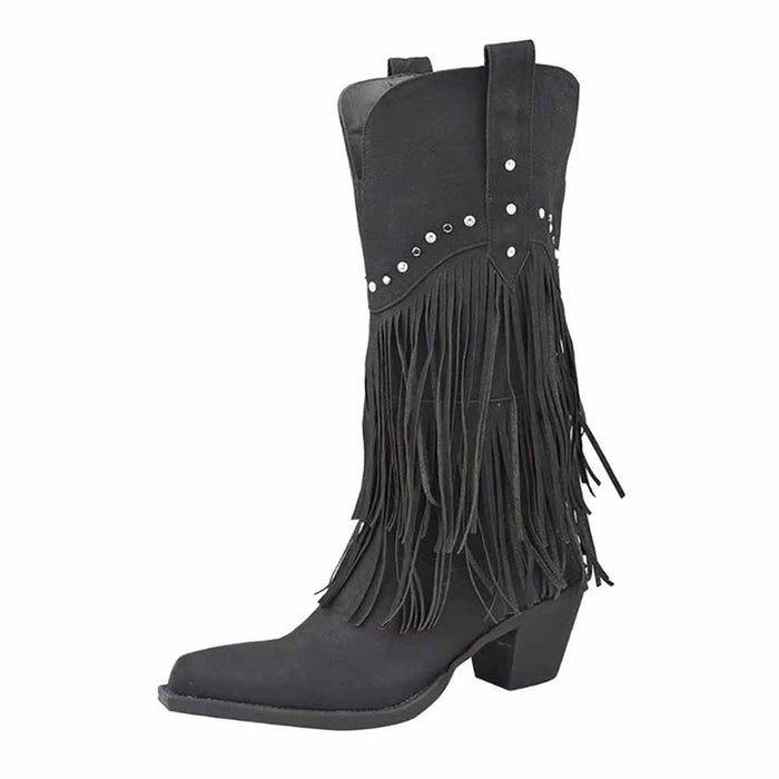 Stylish women's western fringe boots in black with decorative studs and a classic cowboy design