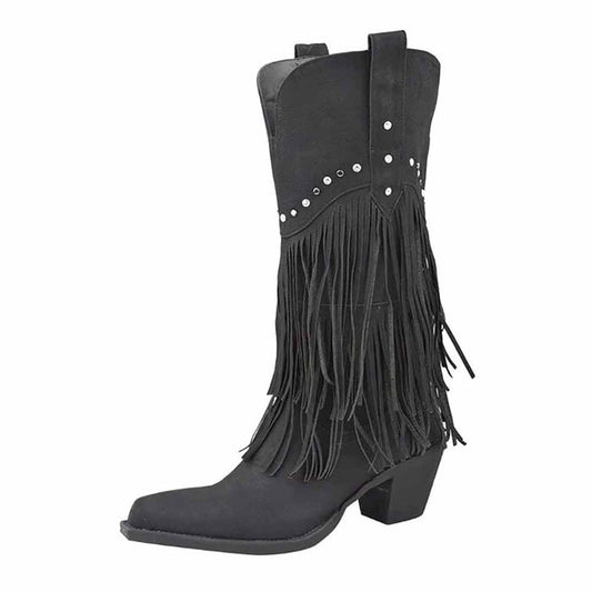 Stylish women's western fringe boots in black with decorative studs and a classic cowboy design