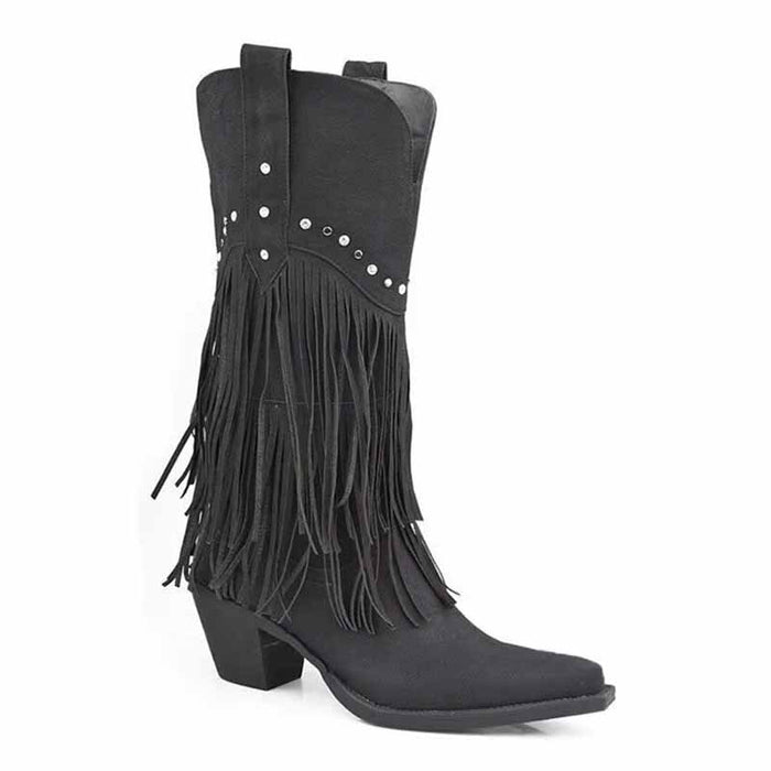 Women's western fringe boots with stylish tassels and decorative studs for a trendy cowboy look