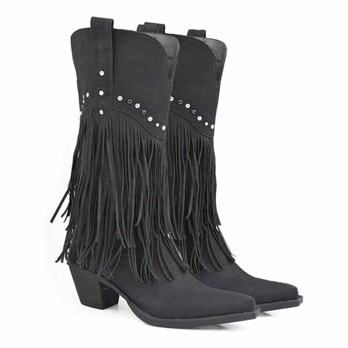 Stylish women's western fringe boots in black with decorative studs for a trendy look