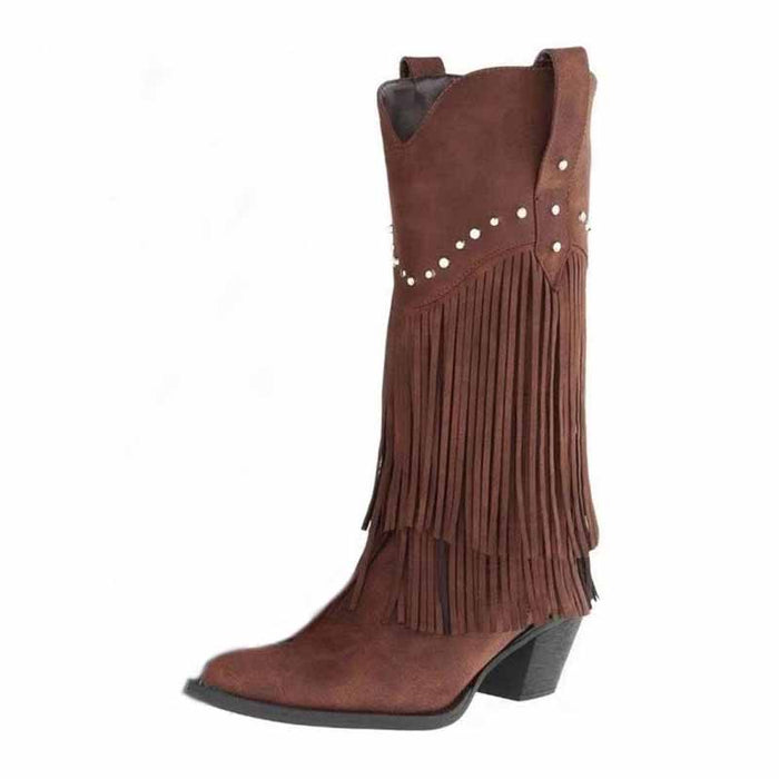 Brown women's western fringe boots with decorative studs and a stylish design for a trendy look