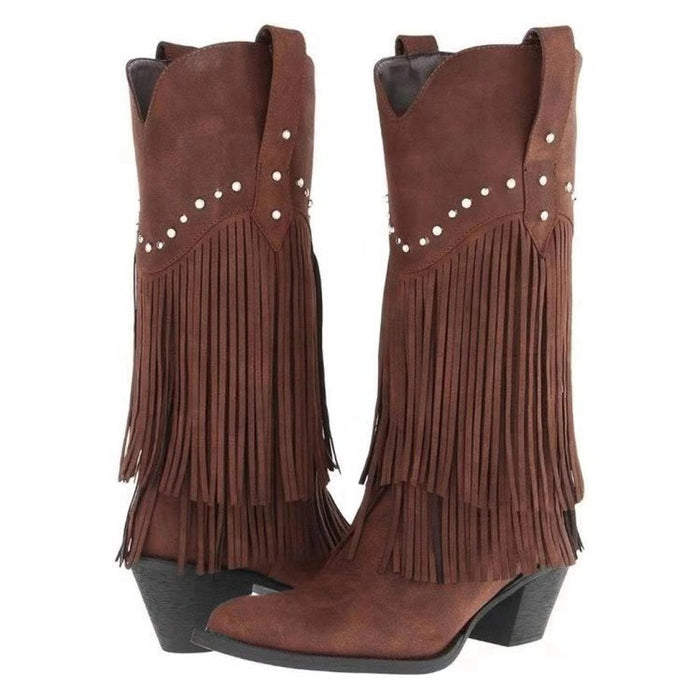 Brown women's western fringe boots with decorative studs and detailed fringe design