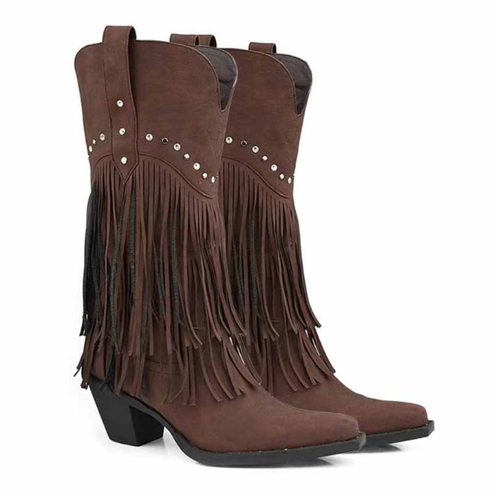 Brown women's western fringe boots with decorative studs and stylish fringe detailing