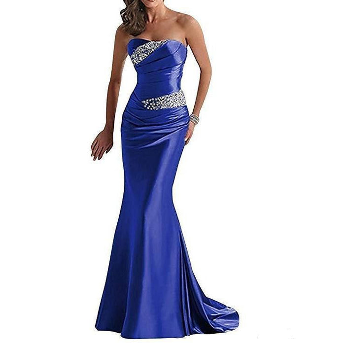 Elegant blue beaded mermaid evening dress with strapless design and fitted silhouette