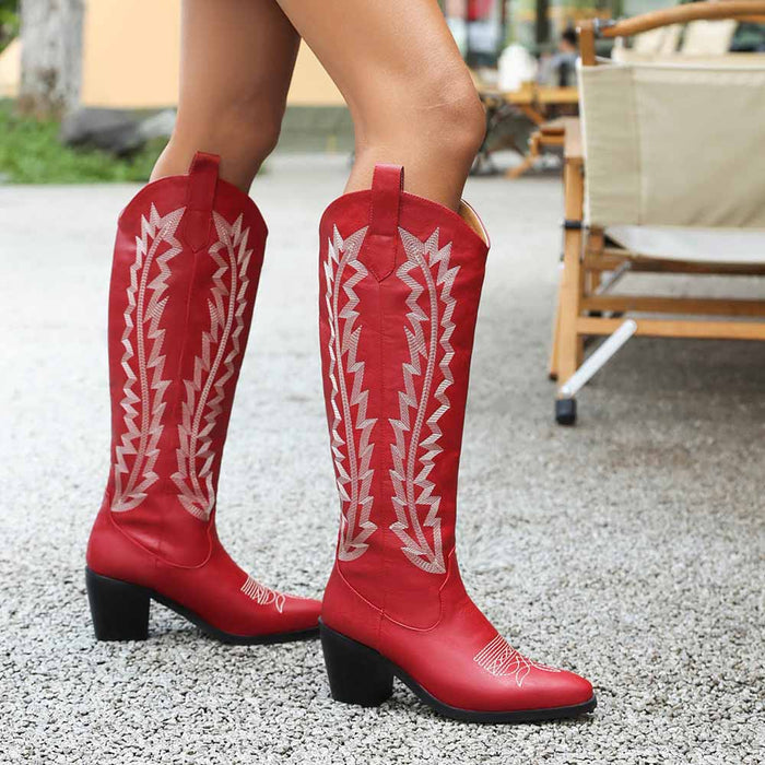 Stylish red embroidered cowgirl boots for women with a chic high heel design