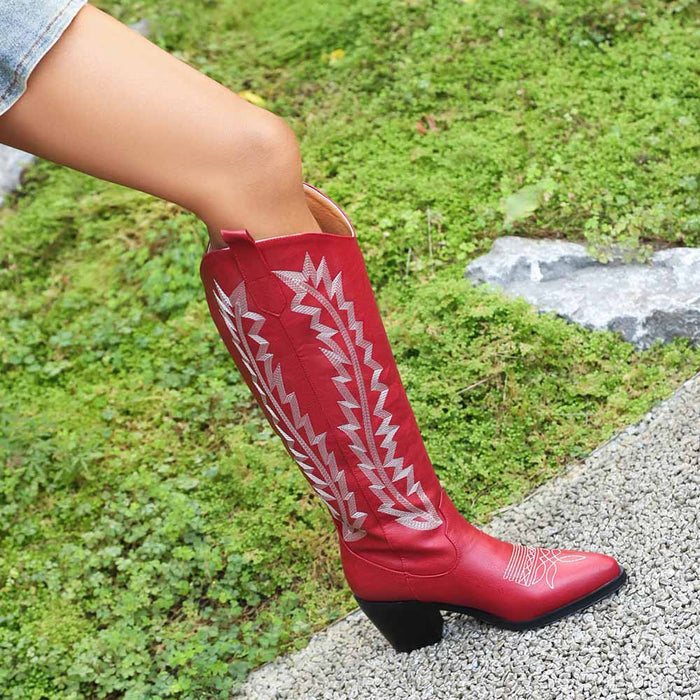 Red embroidered cowgirl boots for women with stylish designs and a comfortable fit