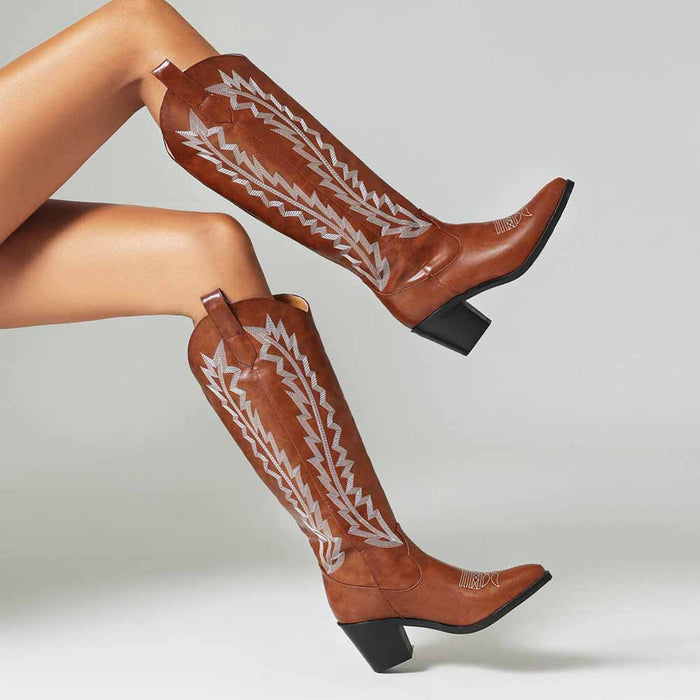 Embroidered cowgirl boots for women in brown with decorative stitching and a stylish heel