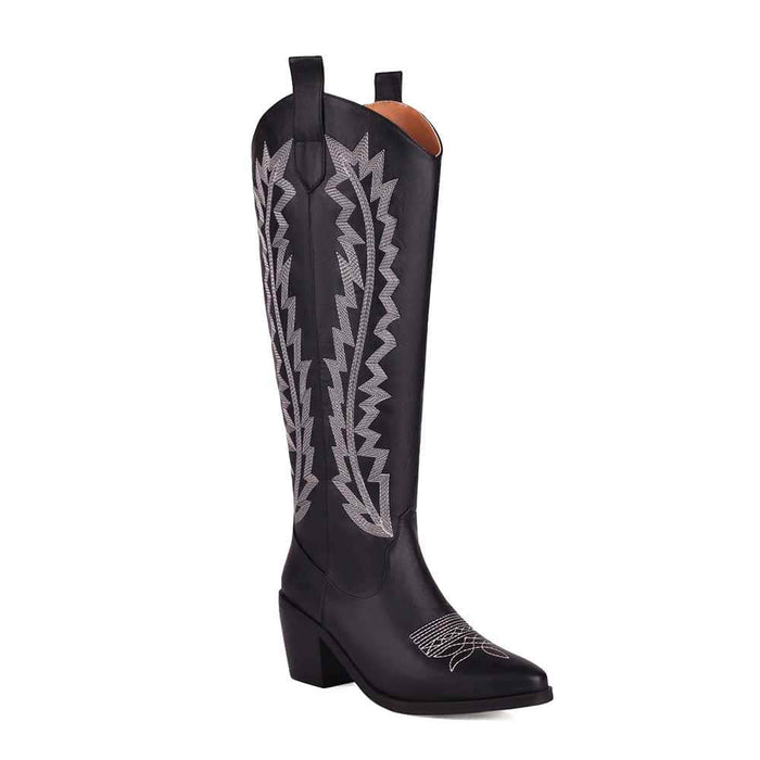 Black embroidered cowgirl boots for women with intricate designs and a stylish heel