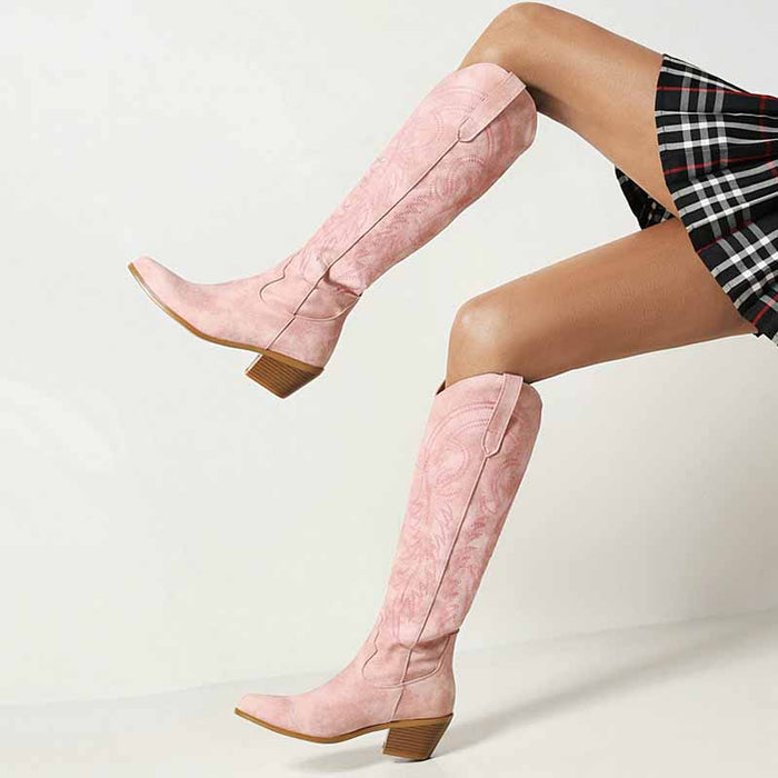Pink embroidered knee high boots for women with a stylish design and comfortable fit
