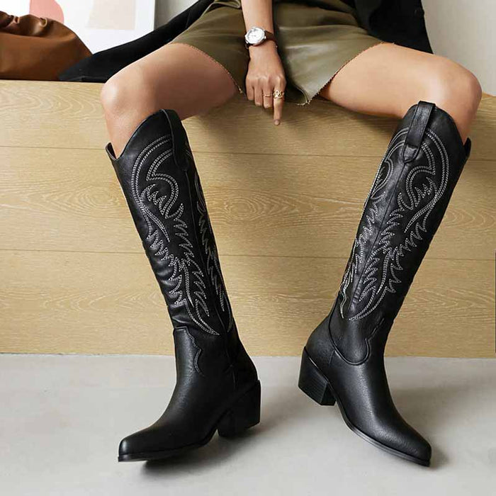 Stylish embroidered knee high boots for women with intricate designs and a comfortable heel