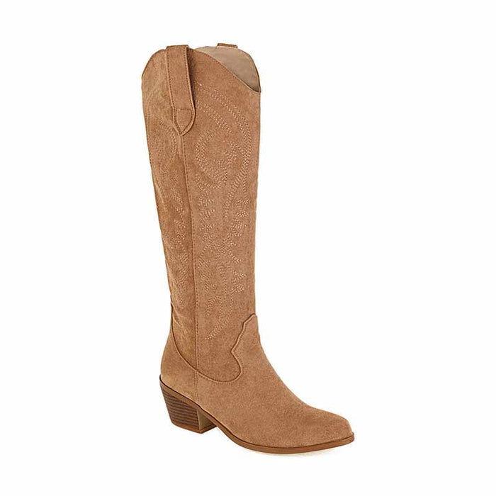 Stylish embroidered knee high boots for women in tan suede with a comfortable block heel