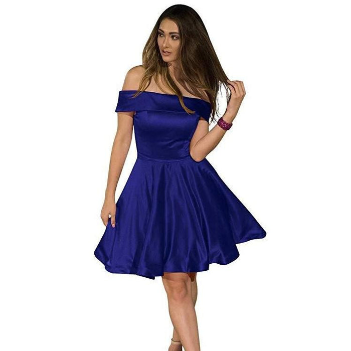 Junior bridesmaid dresses off shoulder in rich blue with a flared skirt for elegant occasions
