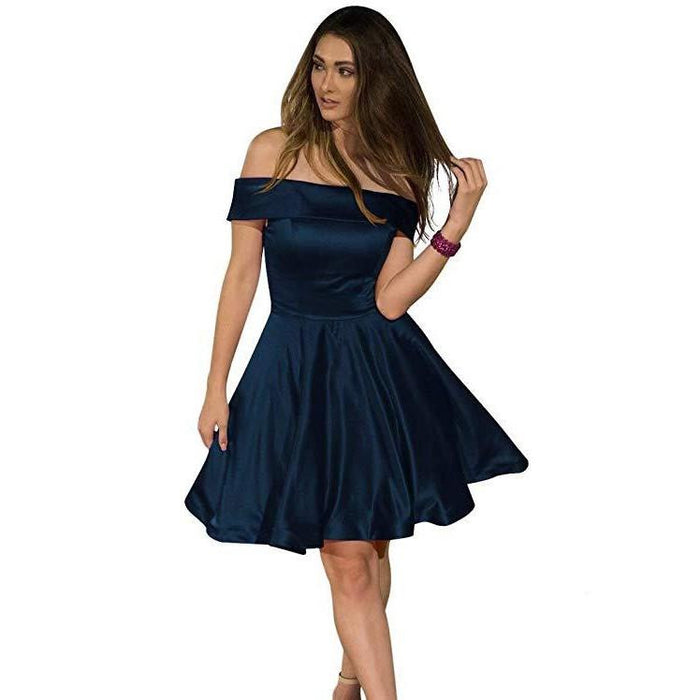 Elegant navy off shoulder junior bridesmaid dresses off shoulder with flared skirt for special occasions