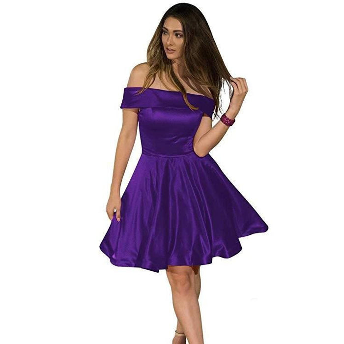Purple junior bridesmaid dresses off shoulder with a flowing skirt for elegant occasions