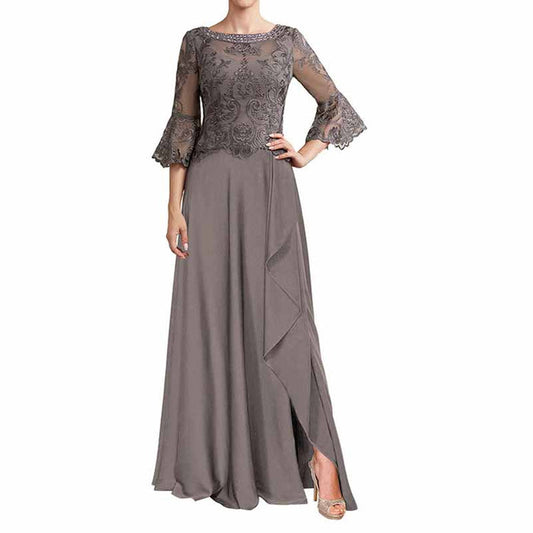 Elegant gray mother of the bride formal dress with lace sleeves and a flowing skirt for wedding events