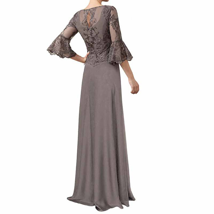 Elegant mother of the bride formal dress with lace sleeves and a flowing silhouette in a soft gray color