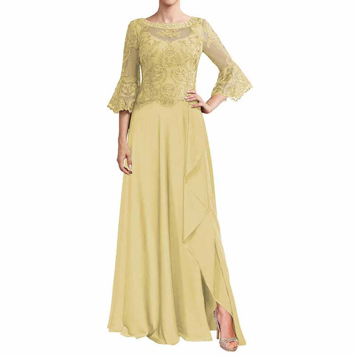 Elegant mother of the bride formal dress in light yellow with lace sleeves and a flowing skirt