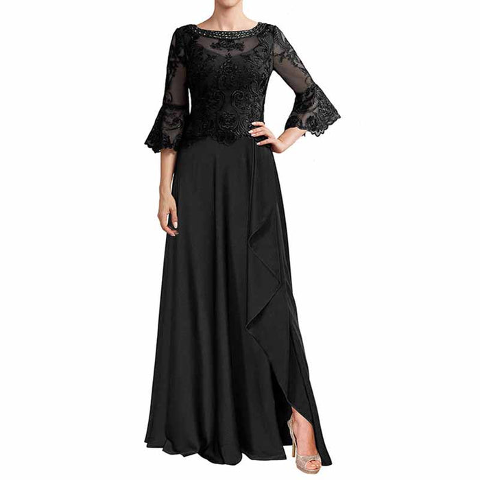 Elegant black mother of the bride formal dress with lace sleeves and a flowing skirt for special occasions