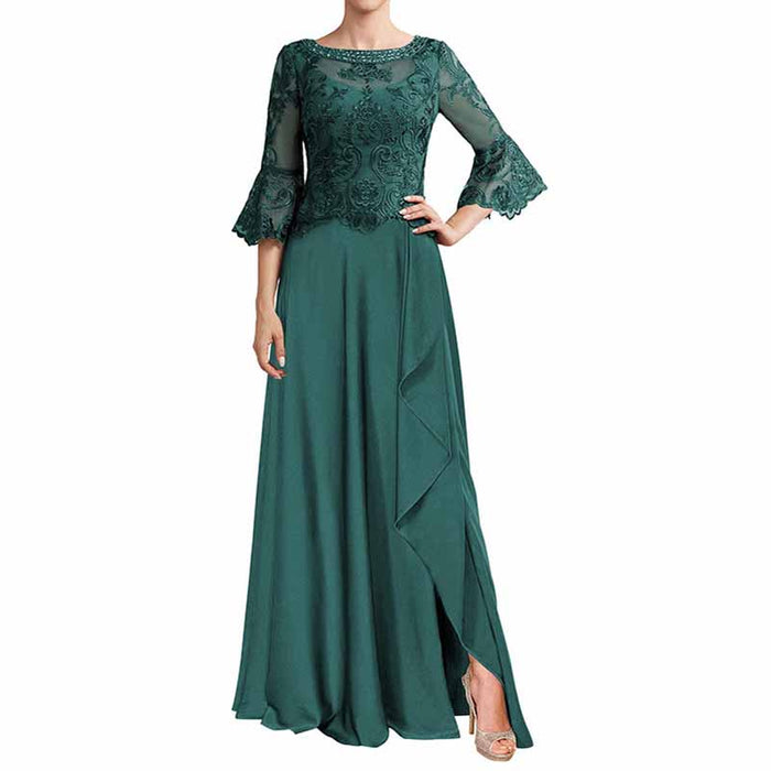 Dark green mother of the bride formal dress with lace sleeves and a flowing silhouette