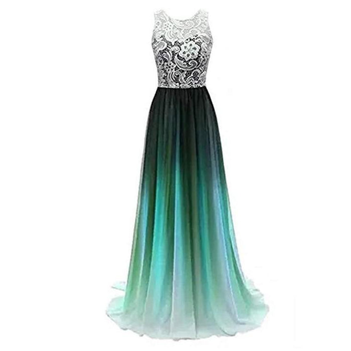 Ombre long prom dress with lace bodice and flowing gradient skirt in teal and black