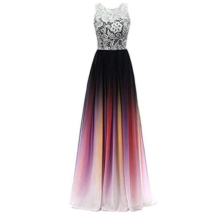 Ombre long prom dress with lace top and gradient colors fading from black to purple and white