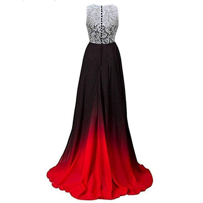 Ombre long prom dress with lace bodice and flowing red to black gradient skirt
