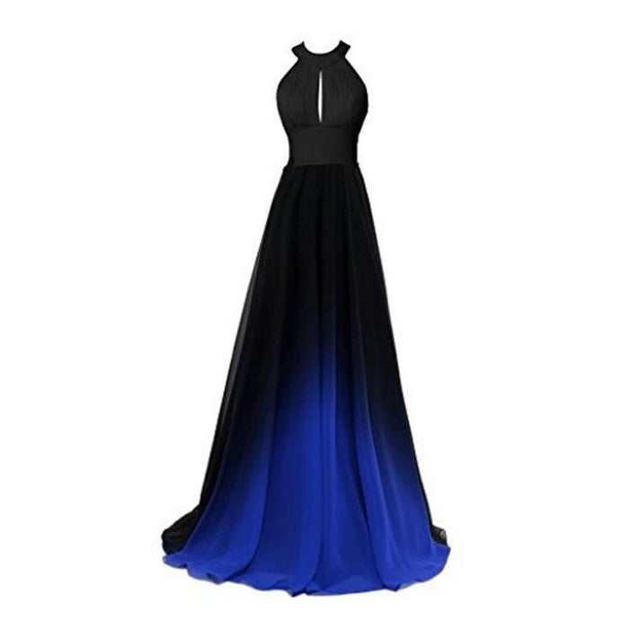 Elegant ombre long prom dress in black and blue, ideal for bridesmaids and formal events