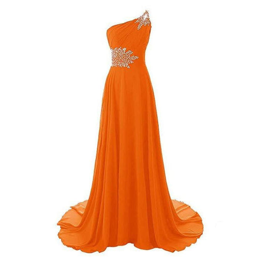 Elegant one shoulder chiffon bridesmaid dress in vibrant orange with sparkling embellishments