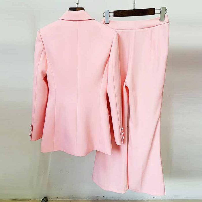 Stylish pink blazer pantsuit for women featuring a tailored jacket and matching trousers