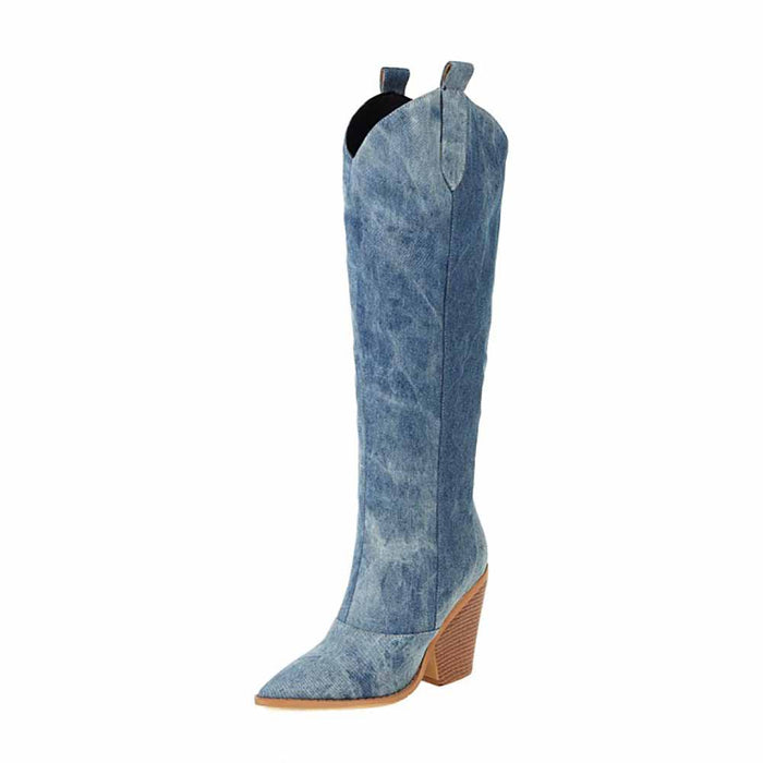 S&DCo. Blue Denim Wedge Heel Cowboy Boots with Stylish Design for Trendy Western Looks