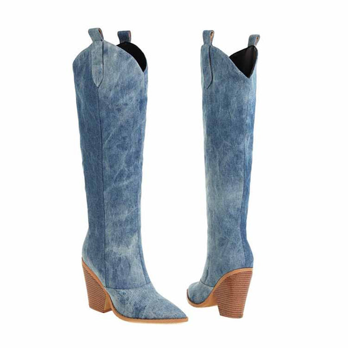 Light blue wedge heel cowboy boots with a pointed toe and tall shaft for a stylish look