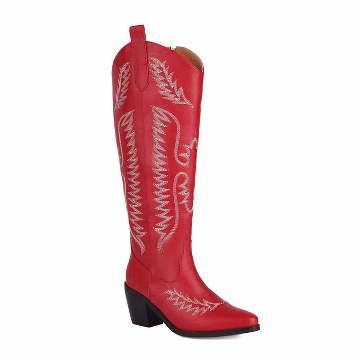 Red women's cowboy boots low heel with intricate stitching design and pointed toe