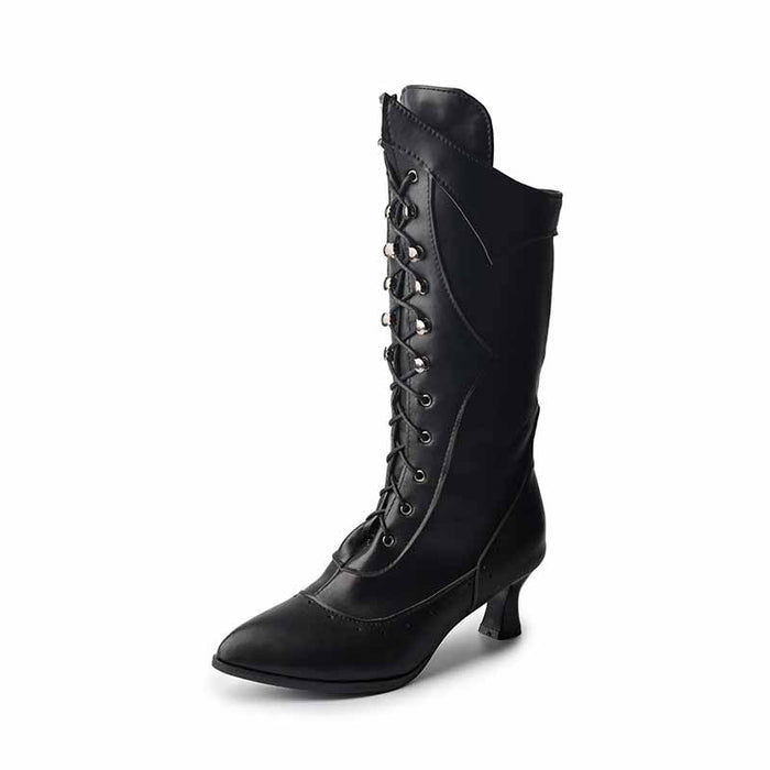 Stylish black women's low heeled wedding boots with lace-up design for elegant bridal footwear