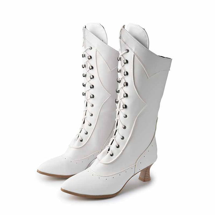 Stylish white women's low heeled wedding boots with lace-up design for elegant bridal looks
