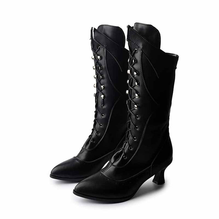 Black women's low heeled wedding boots with lace-up design and stylish pointed toe