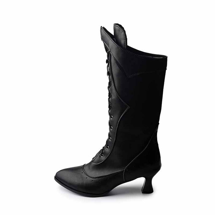 Stylish black women's low heeled wedding boots with lace-up design and elegant silhouette