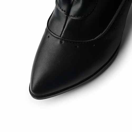Stylish black women's low heeled wedding boots featuring a pointed toe design