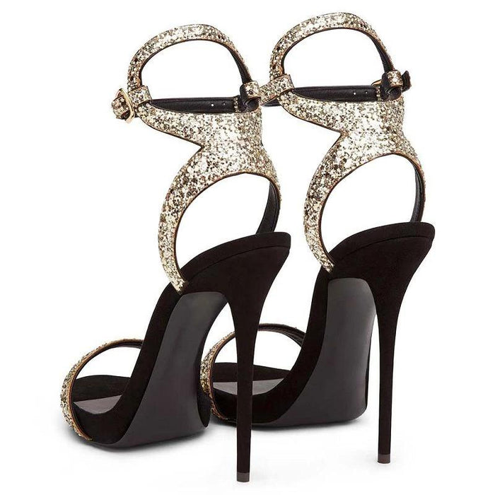 Sparkly prom high heel sandals with glittering straps and stylish stiletto heels for a glamorous look