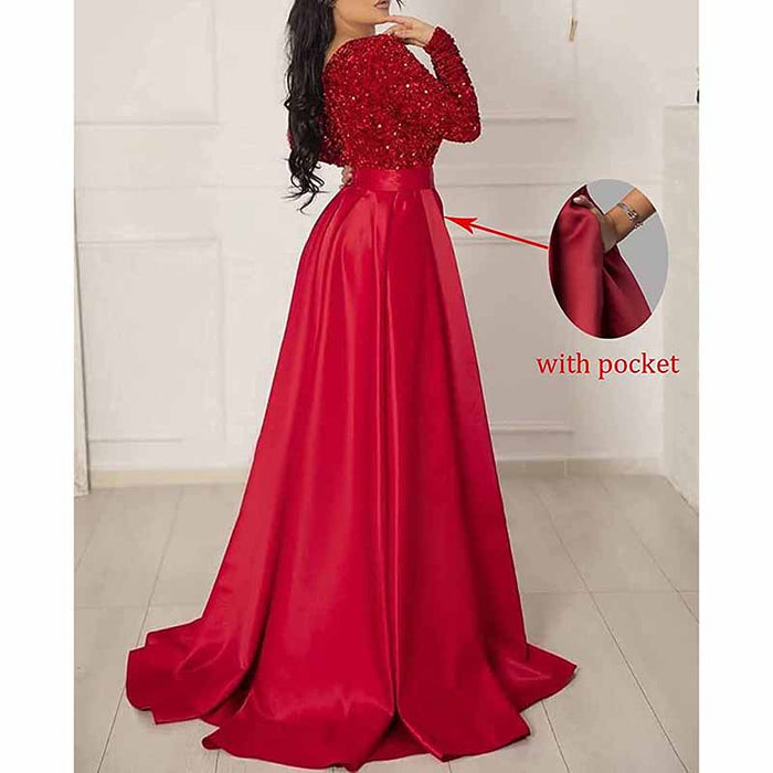 Sparkly Satin Wedding Dress with Pocket Long Sleeve Split Prom Gowns Winter Event Dress