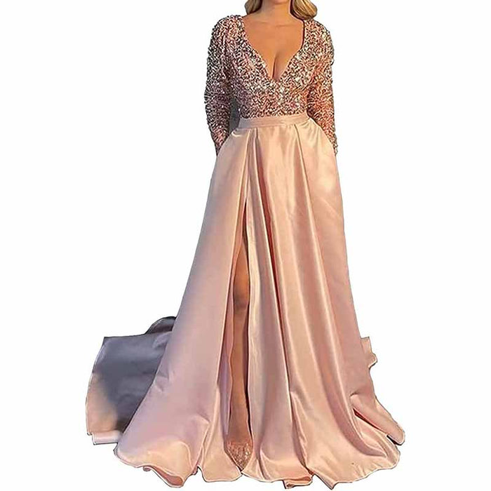 Sparkly Satin Wedding Dress with Pocket Long Sleeve Split Prom Gowns Winter Event Dress