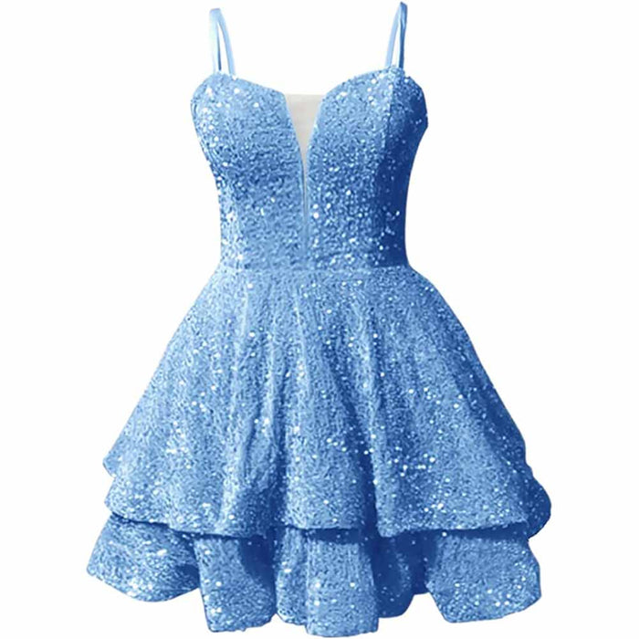 Sparkly short homecoming dress in blue with layered skirt and adjustable straps