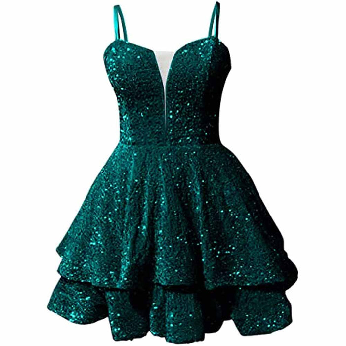 Sparkly short homecoming dress in emerald green with a layered skirt and spaghetti straps